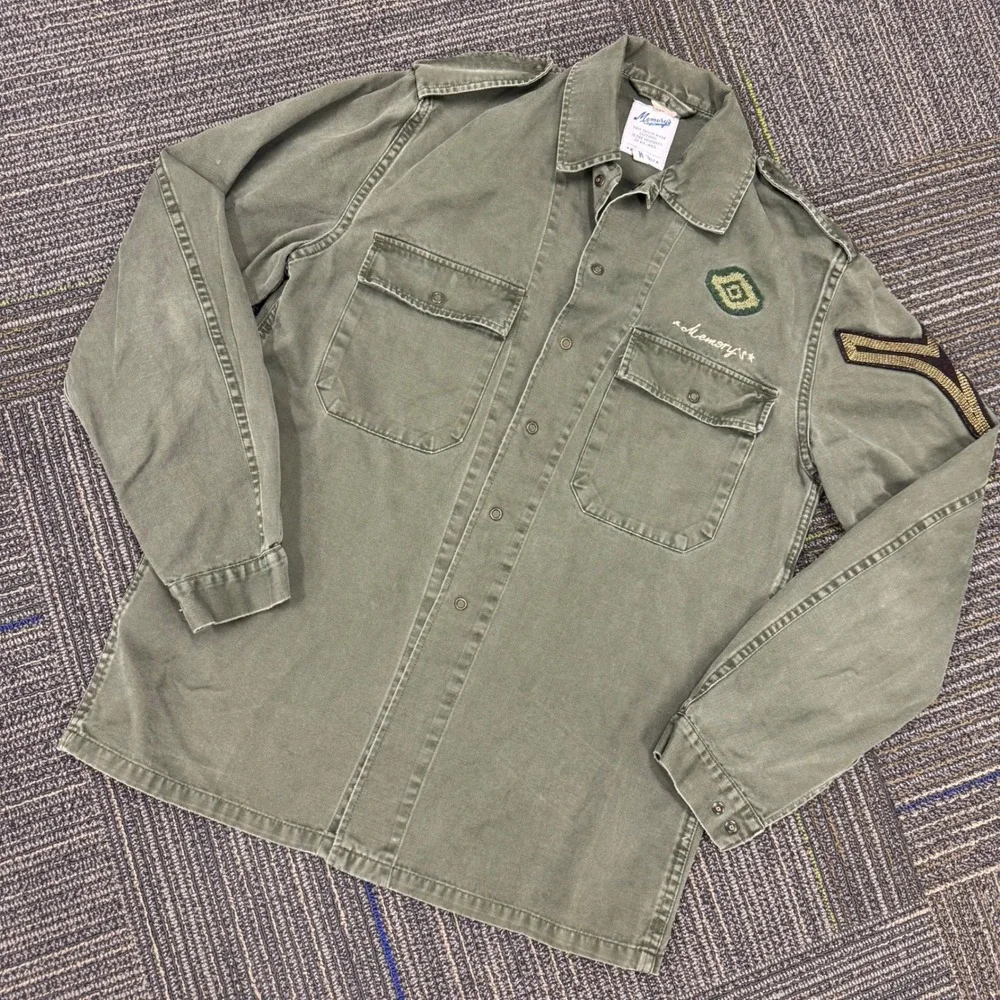 Memory's Ltd Military Shirt Jacket Mens Medium Olive Green EUC Patches Italy